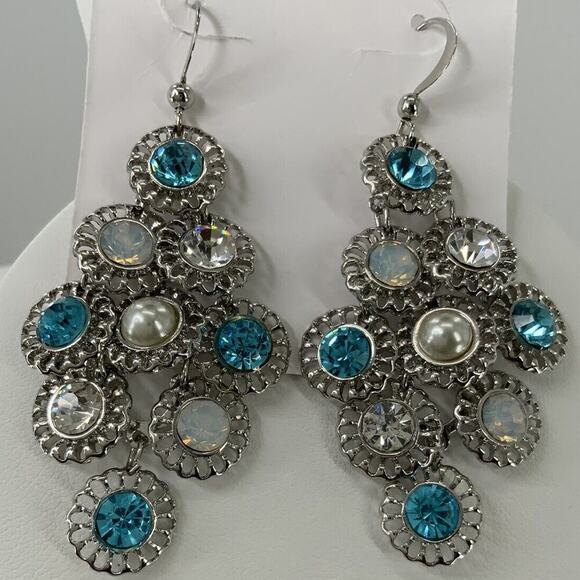 Turquoise Silver Earrings Dangle Chandelier Rhinestone Fashion Custom Jewelry - Picture 1 of 10